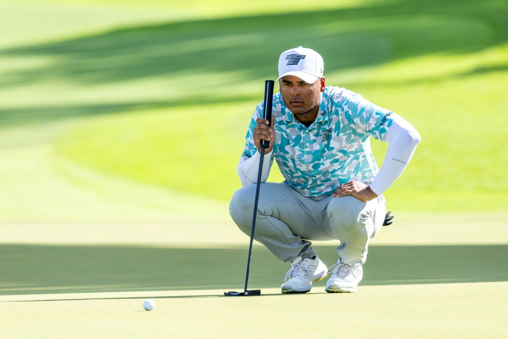 Sebastián Muñoz of Torque GC reads his putt on the ninth green during the first round of LIV Golf Singapore at Sentosa Golf Club on Friday. Photo: LIV Golf