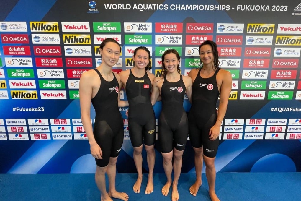Tam Hoi-lam, Siobhan Haughey, Stephanie Au and Camille Cheng after breaking the city record at the 2023 World Aquatics Championships. Photo: Hong Kong Swimming Association