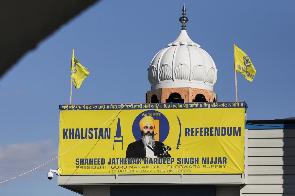 A banner with the image of Sikh leader Hardeep Singh Nijjar is seen at the Guru Nanak Sikh Gurdwara temple in Surrey, British Columbia, Canada, in September 2023. Photo: Reuters
