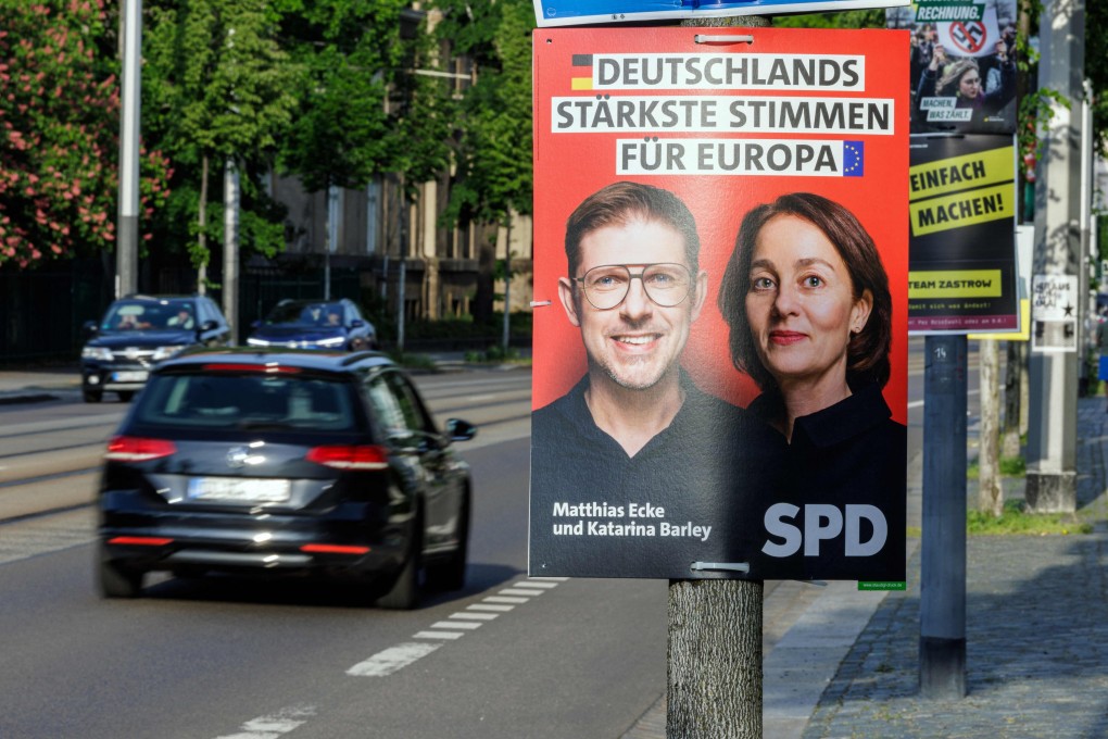 An election poster in Dresden showing Germany’s Social Democratic Party lead candidates Matthias Ecke (L) and Katarina Barley for the upcoming European Parliament elections. Police said attackers beat Ecke up on Friday night. Photo: AFP