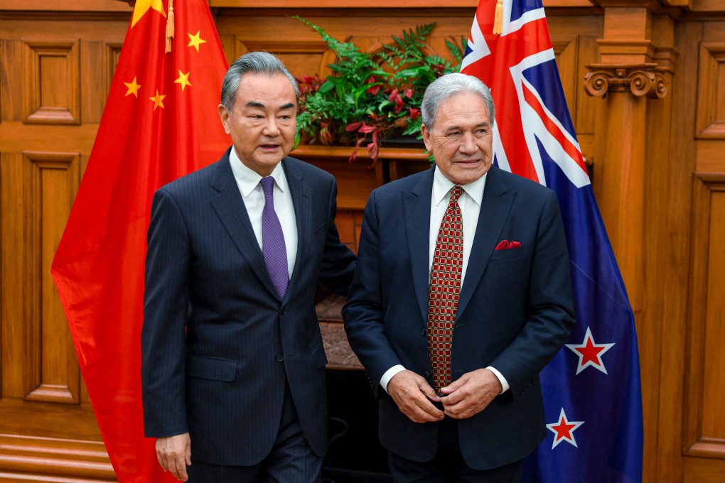 New Zealand Minister of Foreign Affairs Winston Peters (right) and Chinese Foreign Minister Wang Yi met in Wellington in March. Photo: AFP