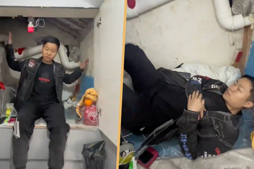 A tiny living space occupied by a migrant worker in China has sparked dismay on mainland social media amid an ongoing official crackdown on internet misinformation. Photo: SCMP composite/Douyin