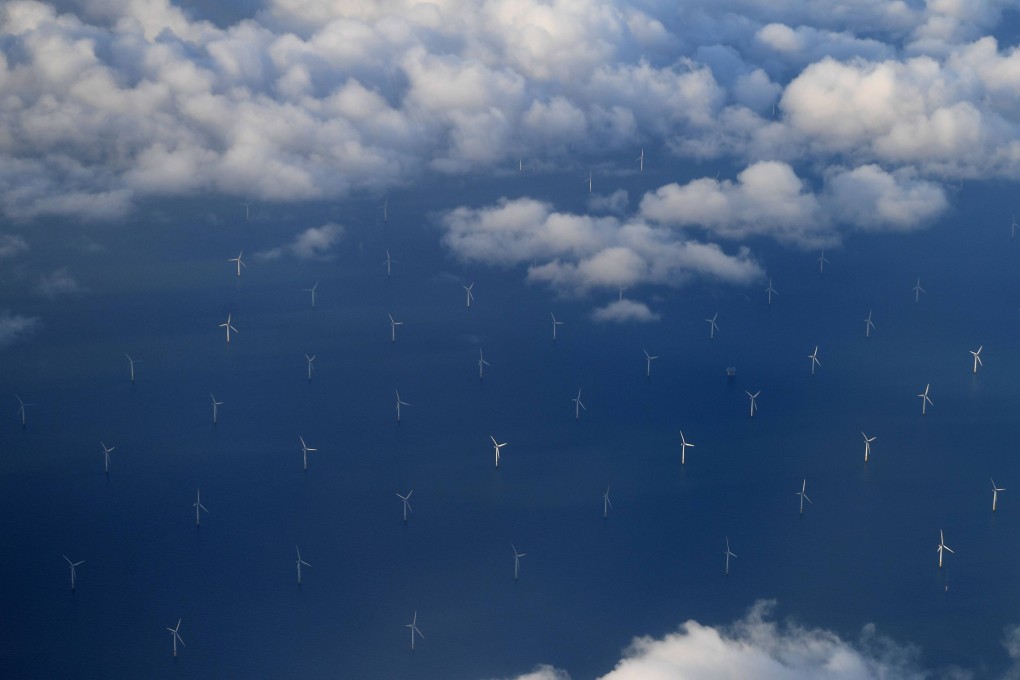 An aerial file photo shows an offshore wind farm on the in Liverpool Bay off the west coast of northern England. Photo: AFP