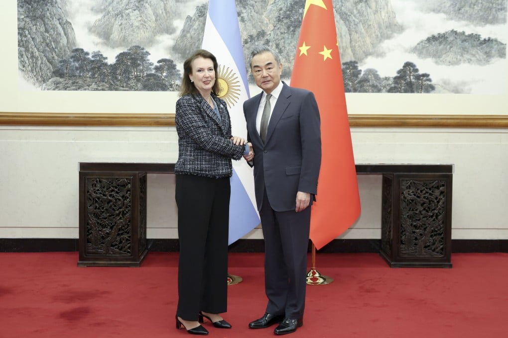 Argentina’s foreign minister Diana Mondino shakes hands with her Chinese counterpart Wang Yi during a meeting in Beijing on April 30, 2024. Photo: Xinhua