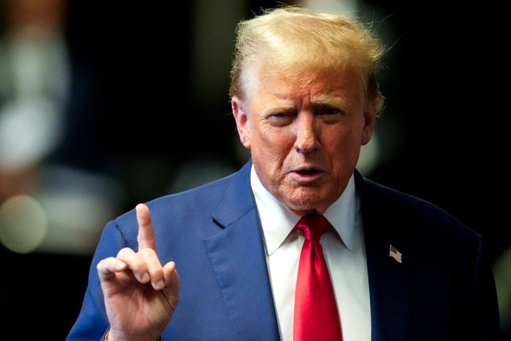 Former US President Donald Trump speaks to the media at Manhattan criminal court in New York on Monday. Photo: Bloomberg