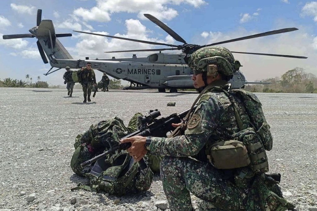 US and Filipino Marines get into position during an air assault exercise as part of this year’s Balikatan military drills, which also featured contingents from Australia and France.  Photo: Armed Force of the Philippines/Handout via EPA-EFE