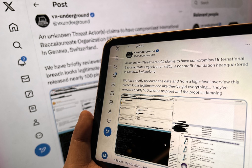A group called “vx-underground”, which claims to have the largest collection of malware source code on the internet, posted claims of the hacking on X. Photo: SCMP