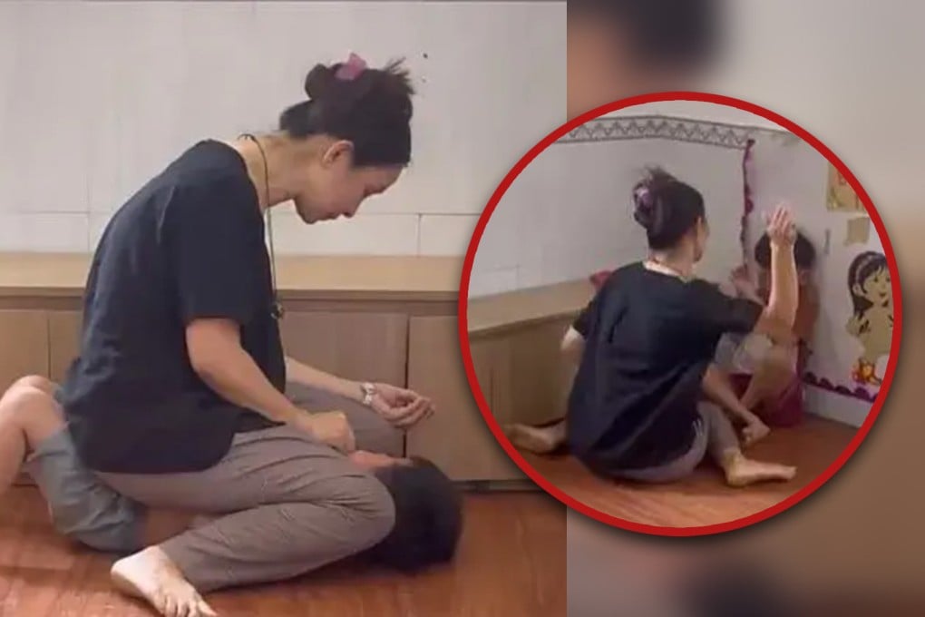 A violent kindergarten teacher in Vietnam is facing official sanction after she was filmed pinning a five-year-old pupil to the ground, hitting the boy and forcing him to eat oranges. Photo: SCMP composite/163.com