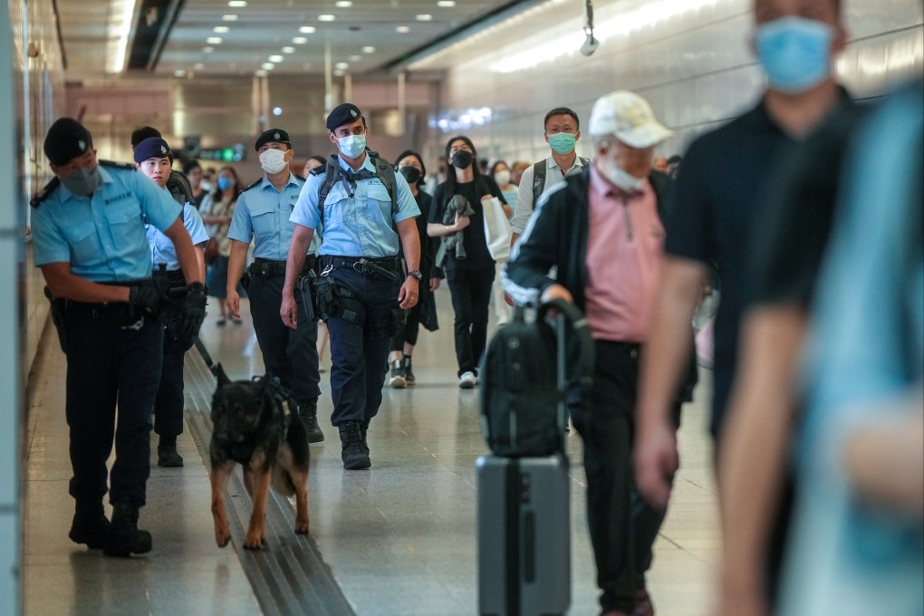 Police officers on patrol in Hong Kong MTR station. Photo: Elson Li