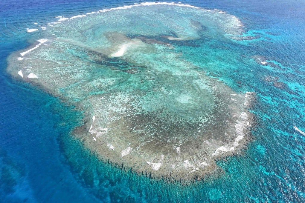 An aerial view of a cay near the Philippine-held Thitu Island in the disputed South China Sea in March. Photo: Philippine Coast Guard/AFP