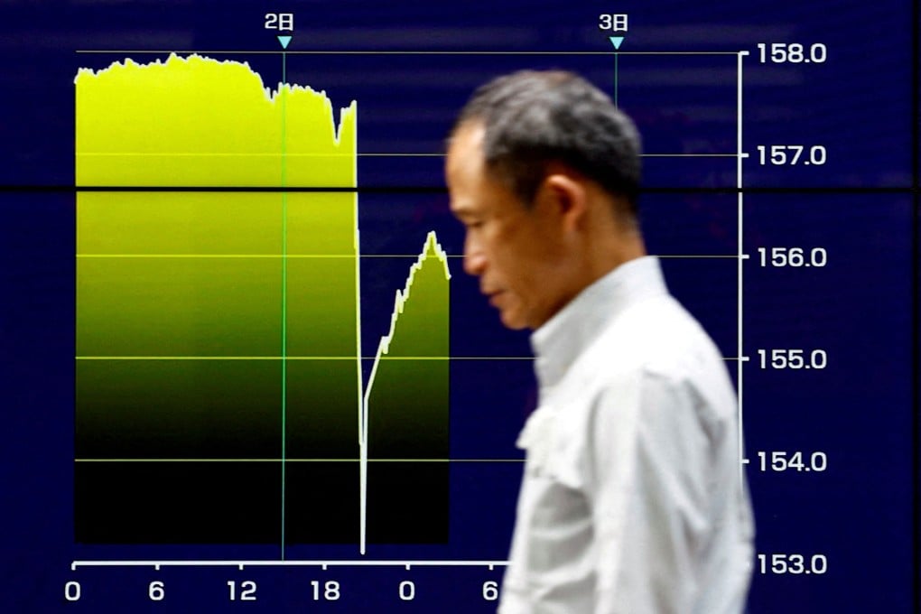 A man walks past an electronic screen displaying a graph showing a surge in Japanese yen exchange rates against the US dollar, amid signs of intervention by Japanese authorities, in Tokyo on May 2. Photo: Reuters
