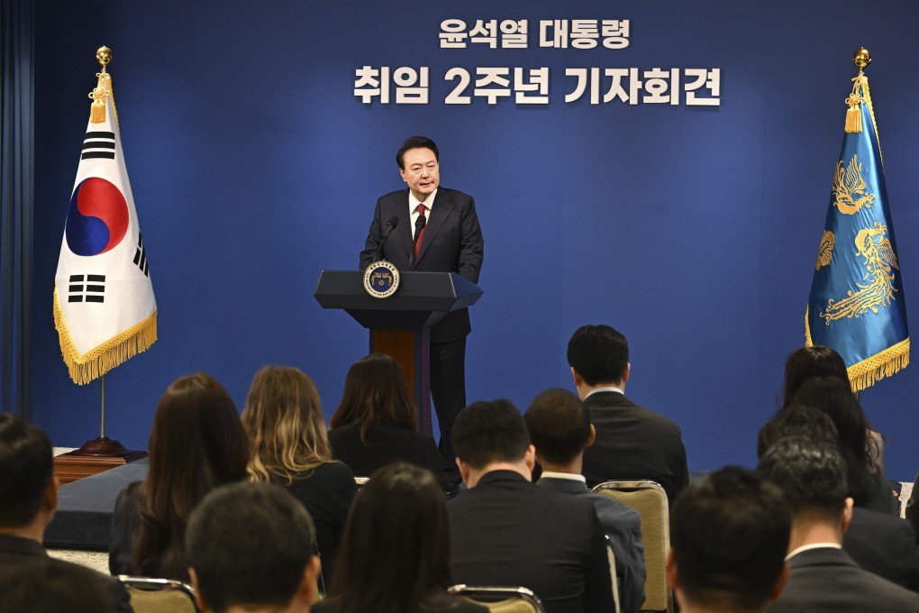 South Korean President Yoon Suk-yeol attends a press conference in Seoul on Thursday. Photo: AP