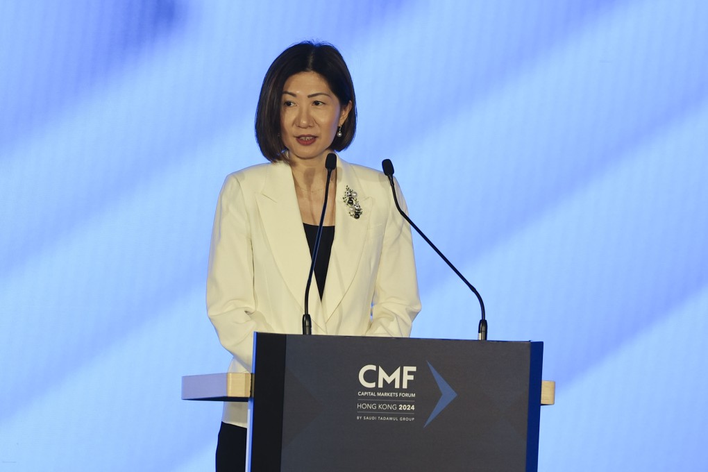 Bonnie Chan, chief executive of Hong Kong Exchanges and Clearing Limited (HKEX), speaking during the Capital Markets Forum (CMF) at the HKEX Connect Hall at the Exchange Square in Central on 9 May 2024. Photo: Edmond So