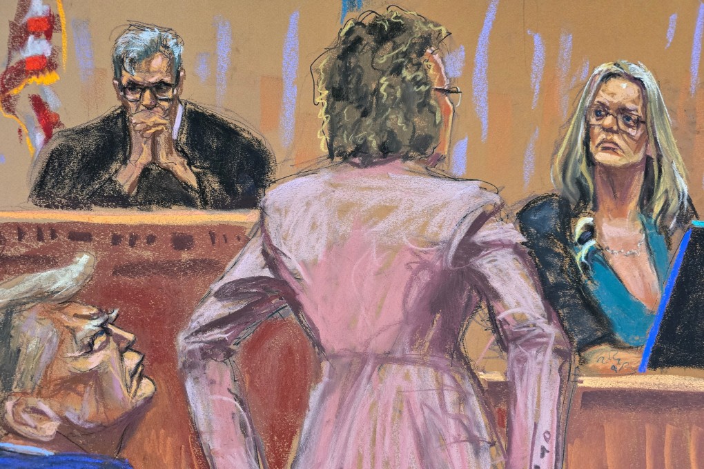 Stormy Daniels is questioned by defence lawyer Susan Necheles in New York on Thursday. Courtroom sketch: Jane Rosenberg via Reuters