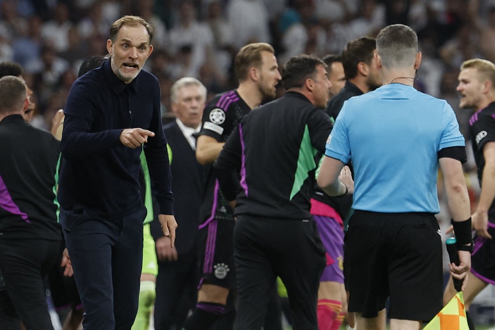 Bayern Munich manager Thomas Tuchel remonstrates with an assistant referee in Madrid on Wednesday. Photo: Reuters