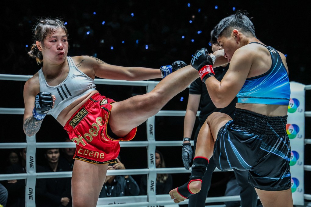 Phoebe Lo aims a kick at Nongam Fairtex at Lumpinee Stadium. Photo: ONE Championship