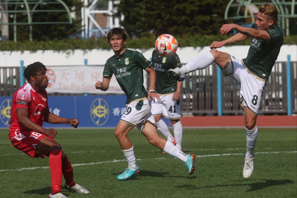 Nicholas Benavides (right) struck his seventh goal of the campaign to level for Sham Shui Po against Lee Man. Photo: Yik Yeung-man