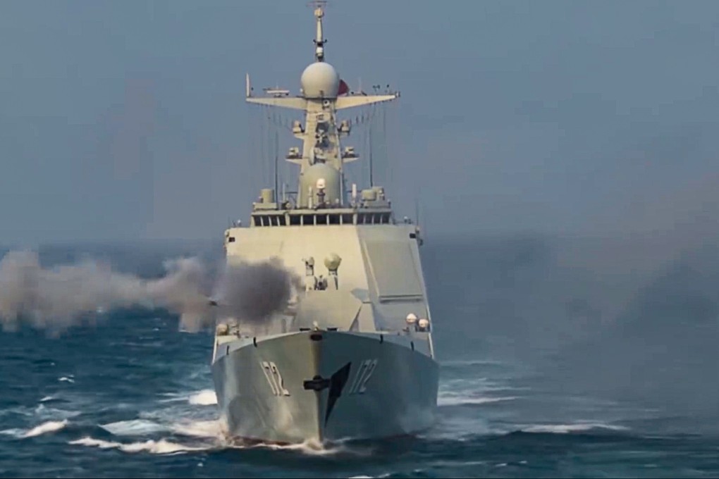 A PLA Navy destroyer takes part in the drills in the South China Sea. Photo: CCTV