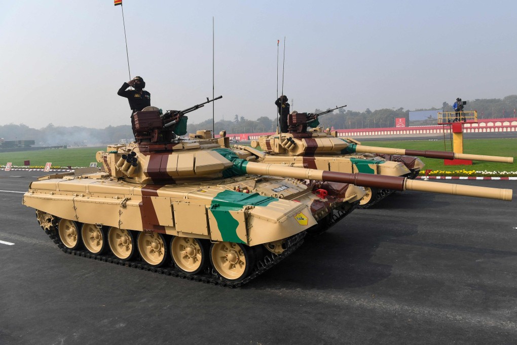 Soldiers in Russian-made T-90 tanks march past during a ceremony to celebrate India’s Army Day in New Delhi in January 2021. India’s ties with Russia go back decades. Photo: AFP