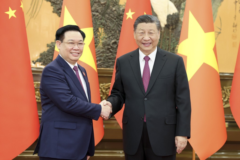 Vietnam’s Vuong Dinh Hue (left) meets Chinese President Xi Jinping in Beijing on April 8. Weeks later, Hue was removed as chairman of the National Assembly of Vietnam, putting a dent in rare earth negotiations. Photo: EPA-EFE/Xinhua