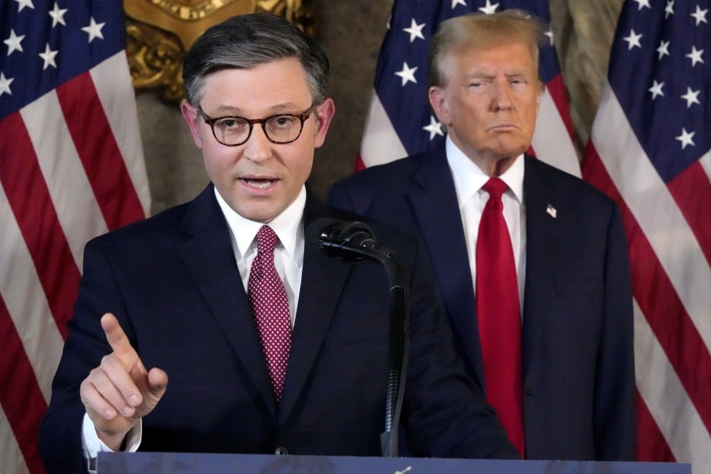 US House of Representatives Speaker Mike Johnson (left) speaks as Republican presidential candidate and former US president Donald Trump listens during a news conference at Mar-a-Lago in Palm Beach, Florida, on April 12. Photo: AP
