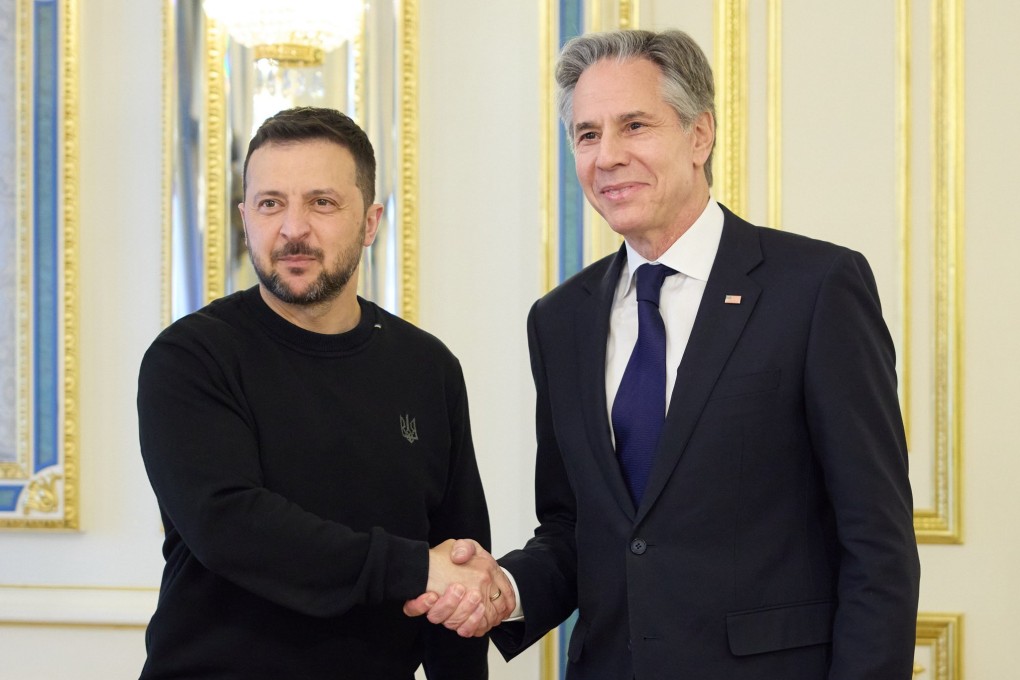 Ukraine’s President Volodymyr Zelensky (left) welcoming US Secretary of State Antony Blinken during a meeting in Kyiv, Ukraine, on Tuesday. Photo: EPA-EFE/ Ukrainian Presidential Press Service/Handout