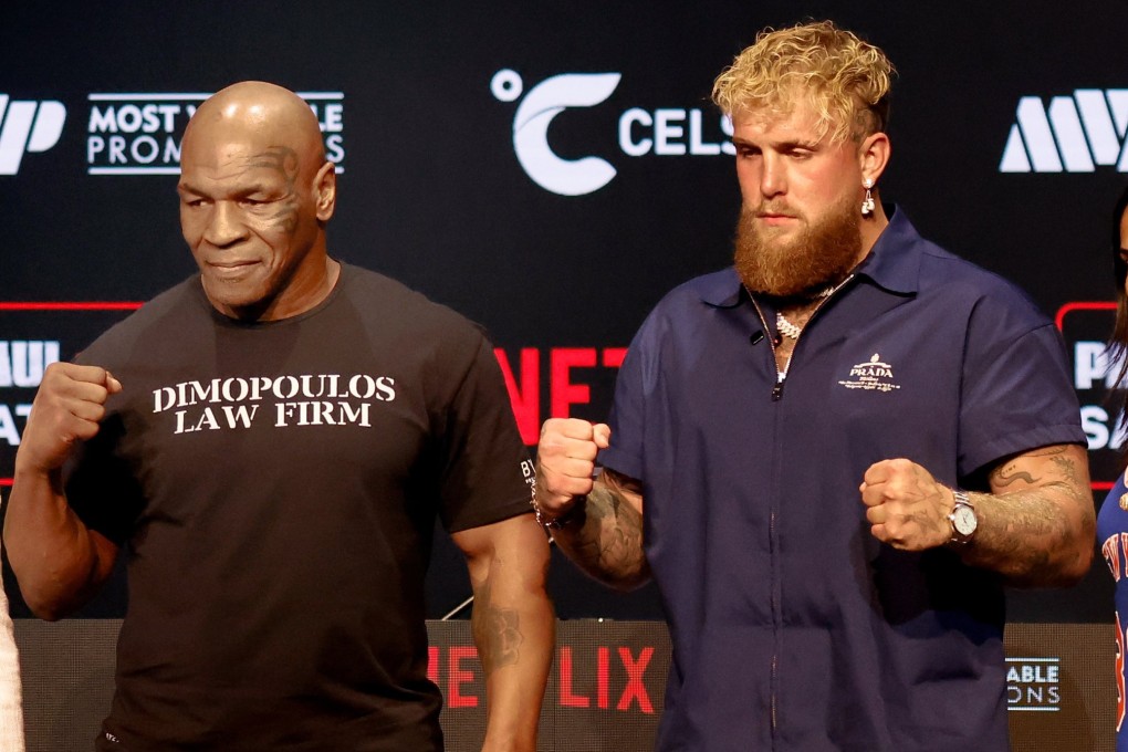 Former heavyweight champion Mike Tyson, and YouTuber and pro boxer Jake Paul at a press conference to promote their fight in Texas on 20 July. Photo: EPA-EFE
