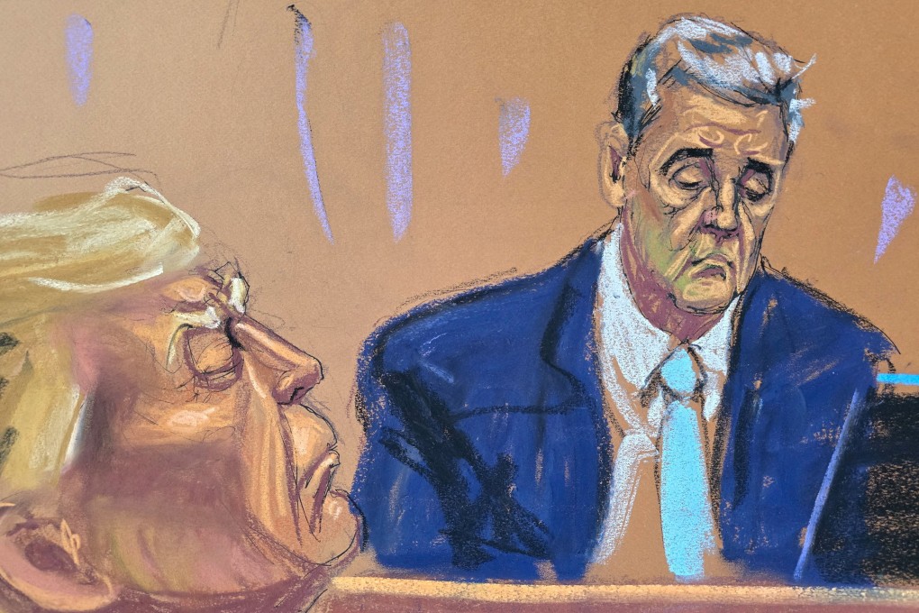 Michael Cohen testifies during former US president Donald Trump’s criminal trial in New York on Tuesday. Courtroom sketch: Jane Rosenberg via Reuters