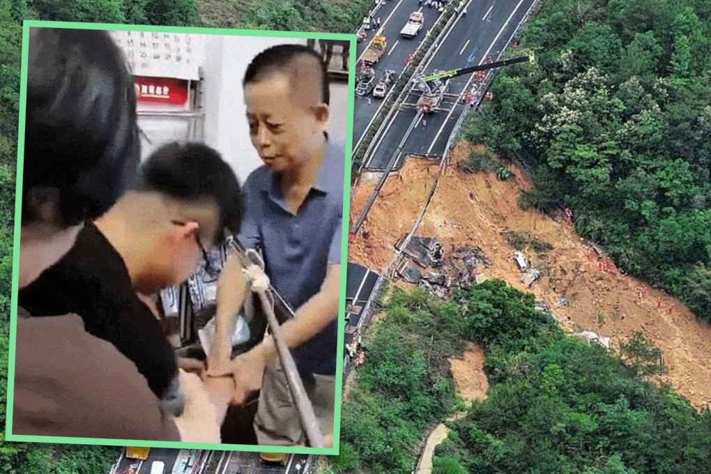 A young man in China has made an 800-km trip to thank an elderly man who stopped his car from plunging into a deep hole that appeared in a highway in the south of the country. Photo: SCMP composite/Weibo/Baidu