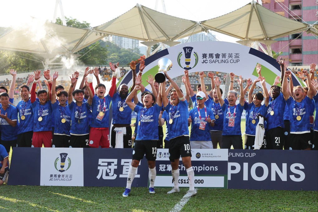 BC Rangers celebrate after beating Kitchee to win the JC Sapling Cup in Mong Kok Stadium. It was their first trophy since 1995. Photo: SCMP/Edmond So