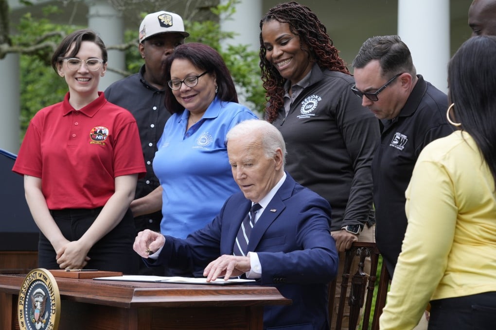 US President Joe Biden at a Rose Garden event at the White House on Tuesday, signing an order imposing major new tariffs on electric vehicles, semiconductors, solar equipment and medical supplies imported from China. Photo: AP