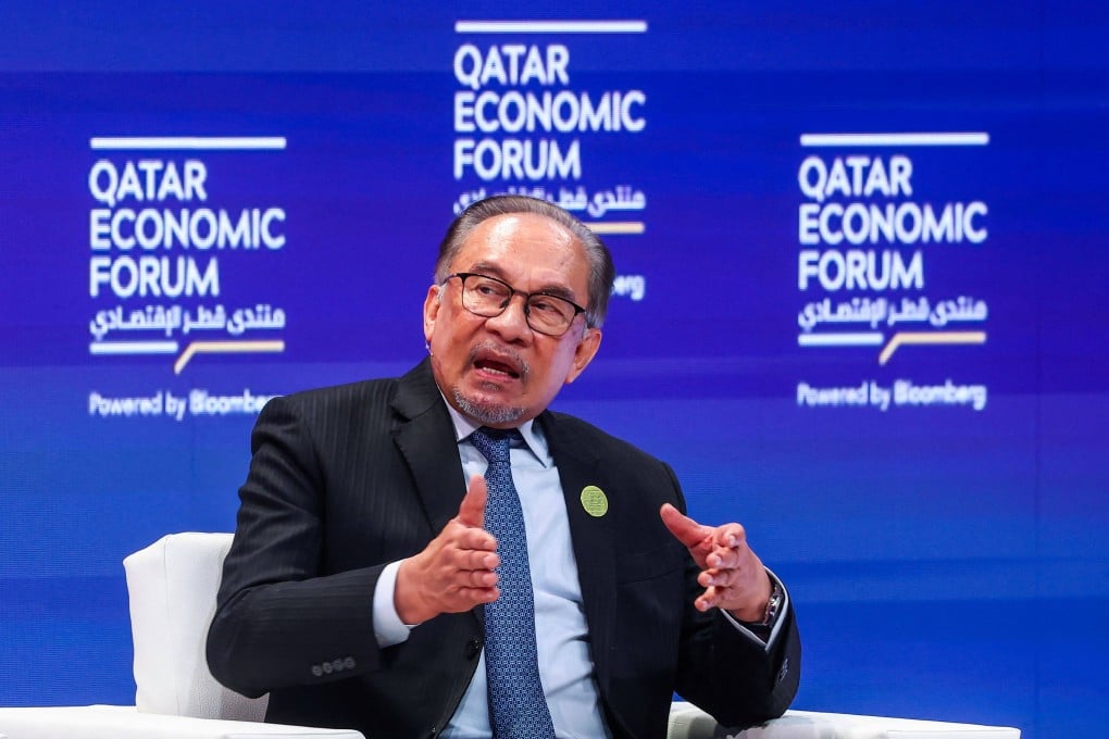 Malaysia’s Prime Minister Anwar Ibrahim speaks at the Qatar Economic Forum in Doha on May 14. Photo: AFP