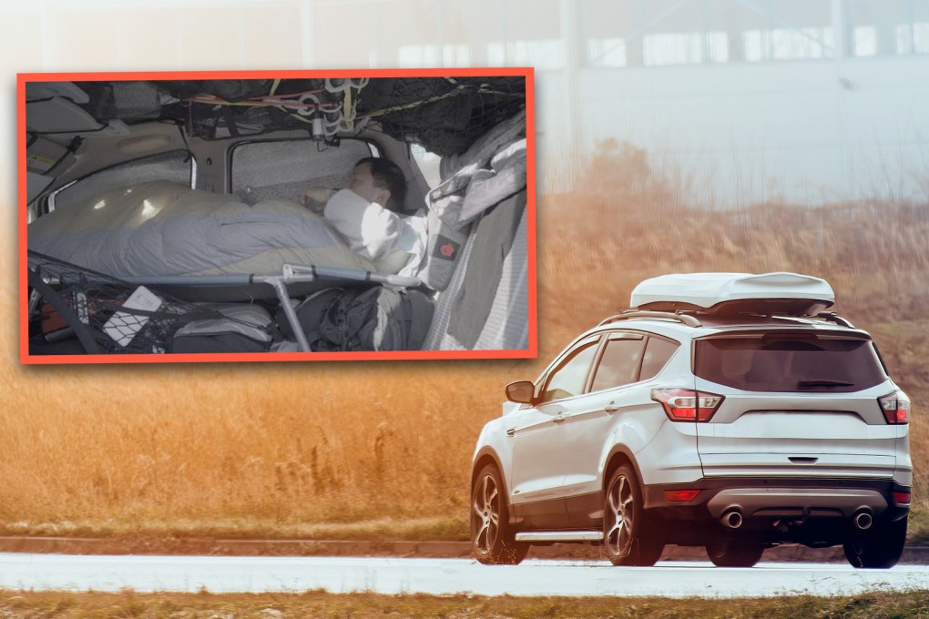 In China, a salesman who lost everything in floods chooses to sleep in his car to save money for weekly visits to see his girlfriend, who resides 500km away. Photo: SCMP composite/Shutterstock/Weibo