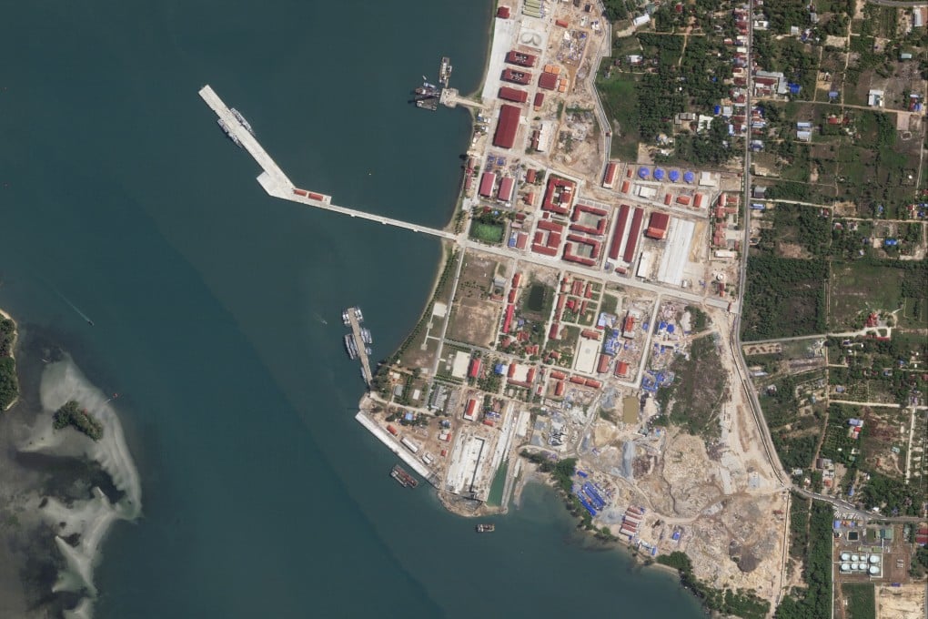 A satellite photo taken on May 8 shows two Chinese corvettes (top left) docked at Cambodia’s Ream Naval Base on the Gulf of Thailand. Photo: Planet Labs PBC via AP