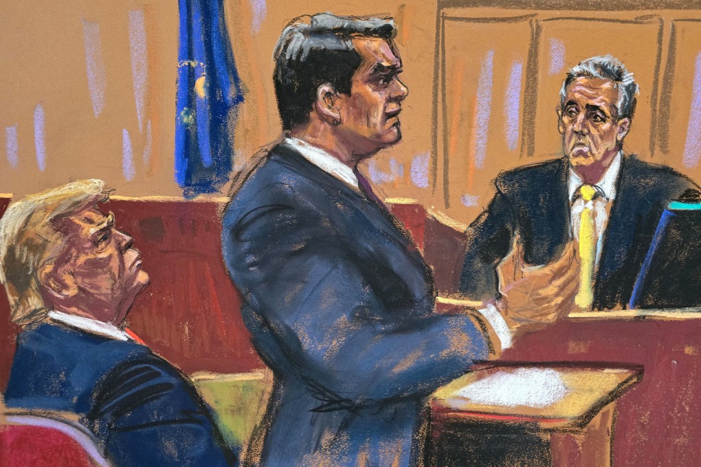 Michael Cohen is cross-examined by defence lawyer Todd Blanche during former US president Donald Trump’s criminal trial in New York on Thursday. Courtroom sketch: Jane Rosenberg via Reuters