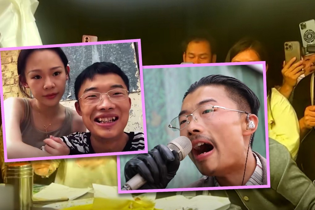 A busker in a rural town in China has become an on and offline sensation after he covered an old love song. Photo: SCMP composite/Douyin