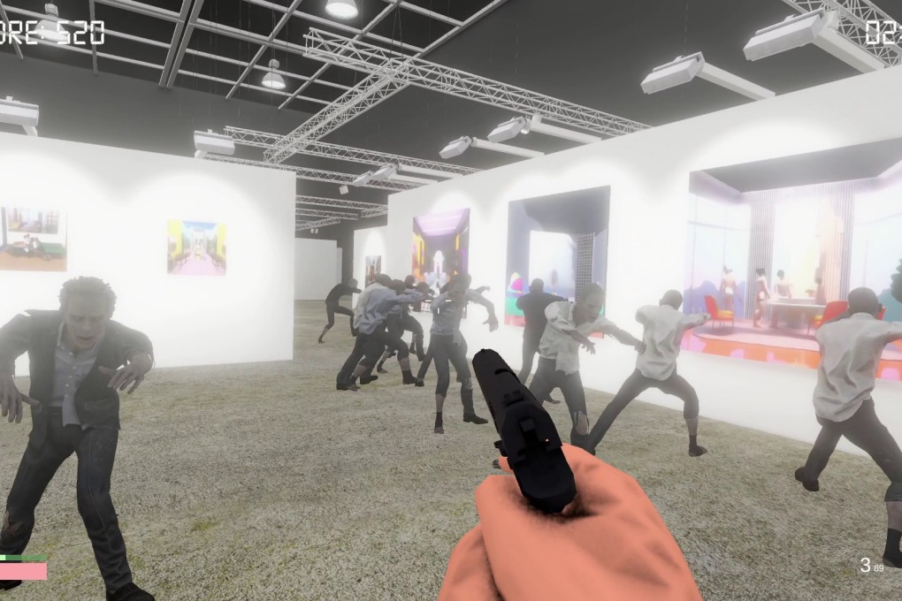 A still from Hong Kong artist Mak2’s first-person zombie shoot ‘em up video game Art Survivors (2024), which sees players shooting undead art collectors and dealers. The game is part of her new exhibition at De Sarthe Gallery. Photo: De Sarthe