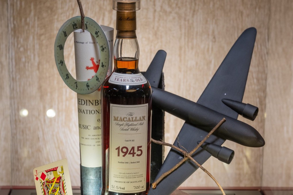 A bottle of 1945 Macallan single malt Scotch whisky on display as part of the “Time Travel: the Macallan 200 Years Young” exhibition at The Macallan Whisky Bar & Lounge at the Galaxy Macau resort in Macau, which celebrates the Macallan distillery’s 200th anniversary. Photo: Galaxy Macau