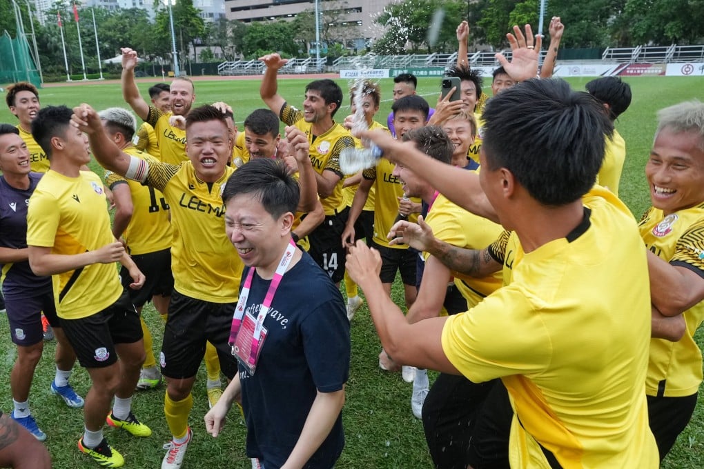 Club president Norman Lee (centre) celebrates winning the Hong Kong Premier League with his players. Photo: Elson Li