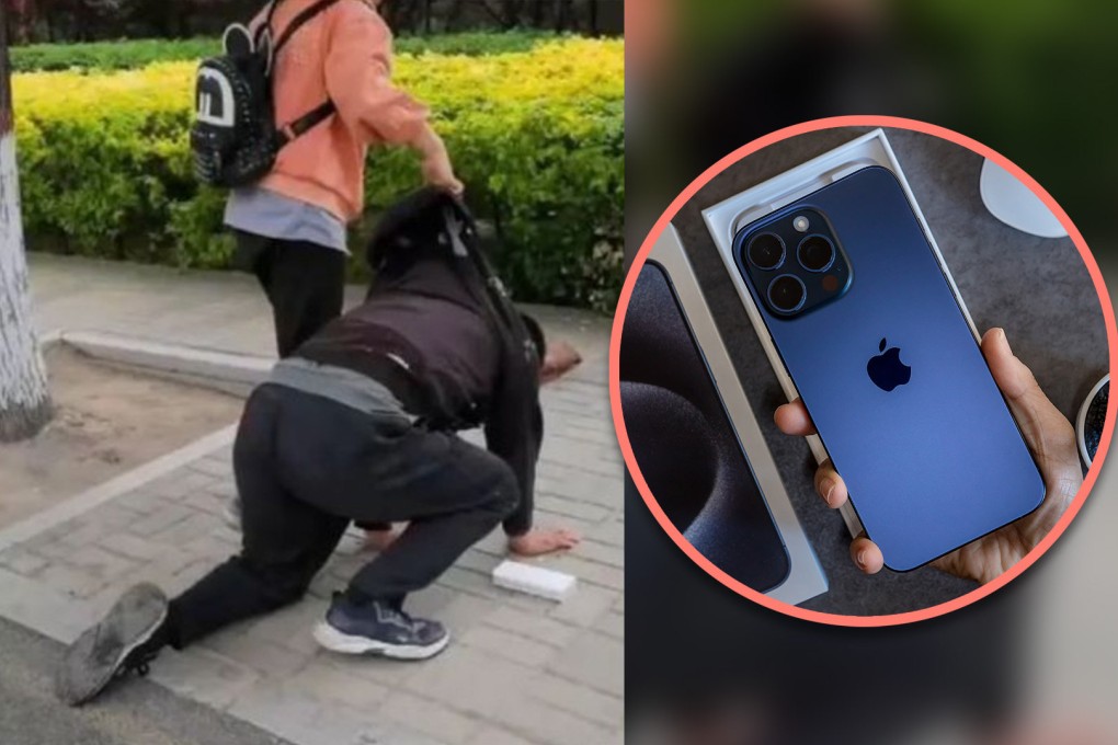 A Chinese father, kneeling on the street, ignited a passionate online discussion after his daughter embarrassed him for lacking the funds to purchase her a phone. Photo: SCMP composite/Shutterstock/Baidu