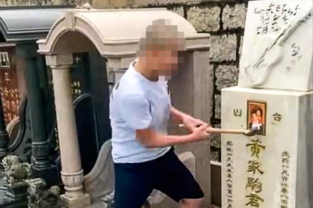 The two videos that went viral on social media last Sunday show the minor and another man vandalising Wong’s grave site. Photo: Facebook