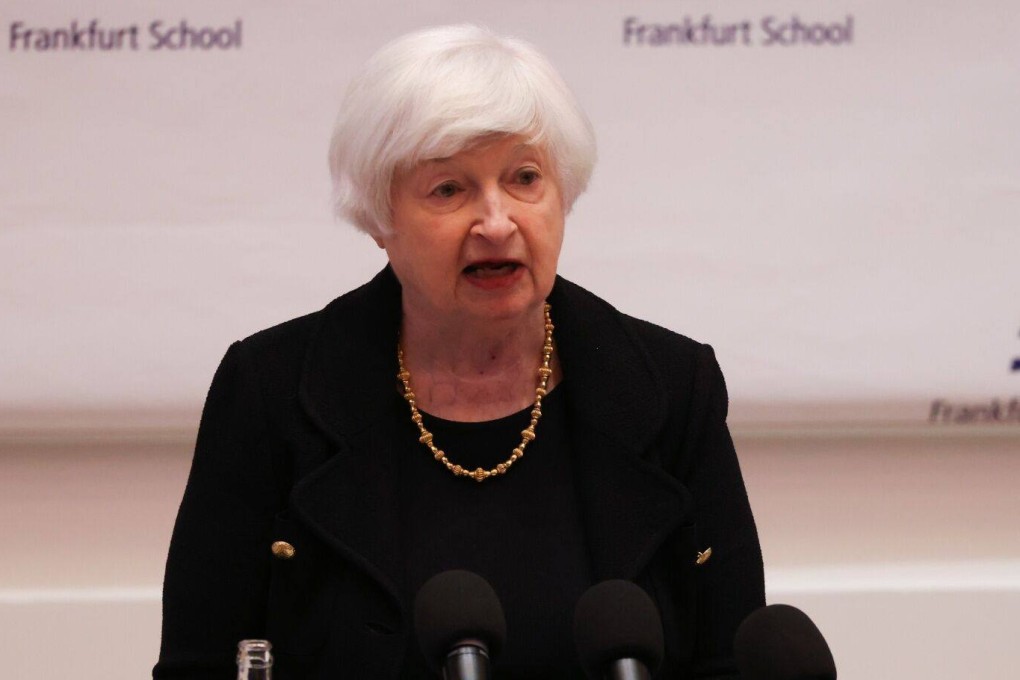 Janet Yellen, US treasury secretary, delivers a speech at the Frankfurt School of Finance and Management in Frankfurt, Germany, on Tuesday. Yellen said the US, Europe must respond in “united way” to China’s overcapacity. Photo: Bloomberg