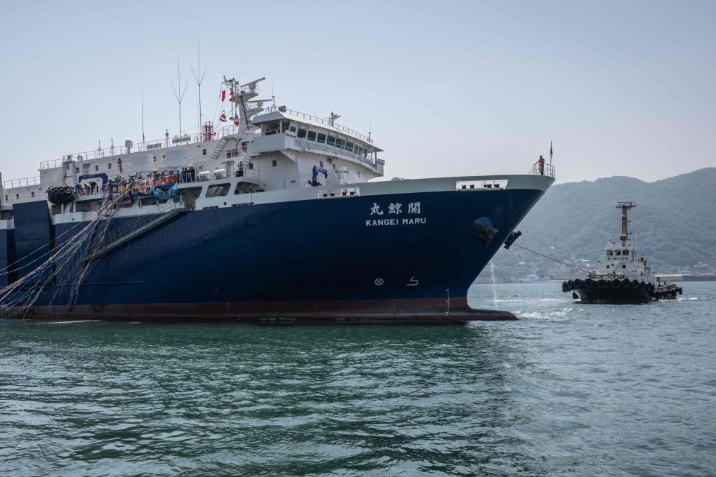 Japan’s new whaling mothership, the Kangei Maru, leaves port following the ship’s launch ceremony on Tuesday. Photo: AFP