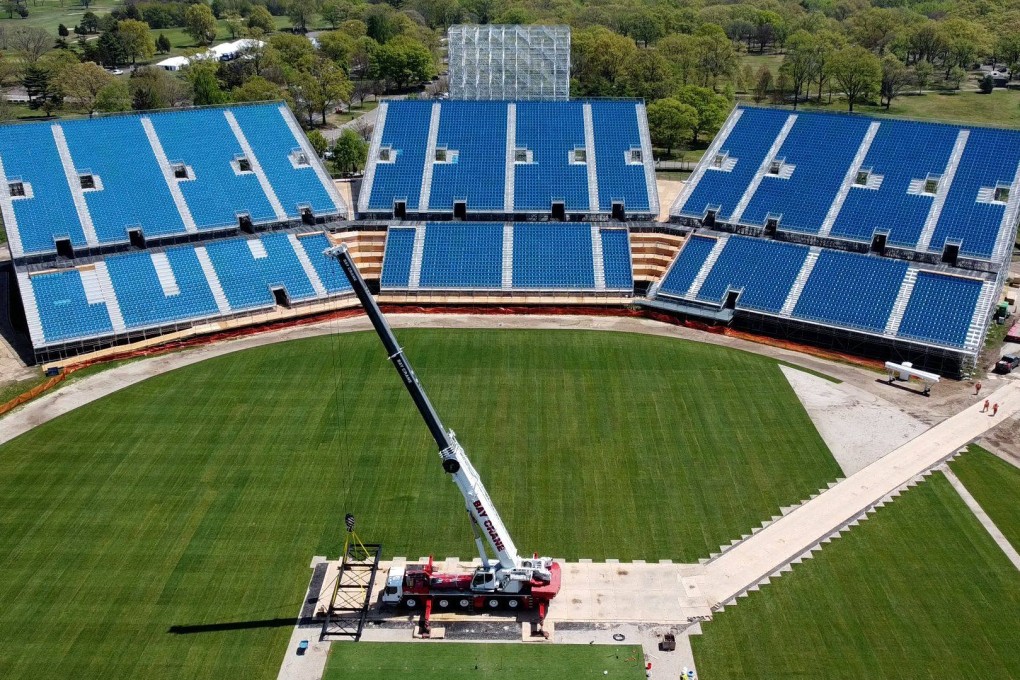 The Nassau County International Cricket Stadium under construction in Eisenhower Park in New York. The 34,000-capacity stadium will host eight games, including the hotly anticipated India-Pakistan clash on June 9. Photo: AFP