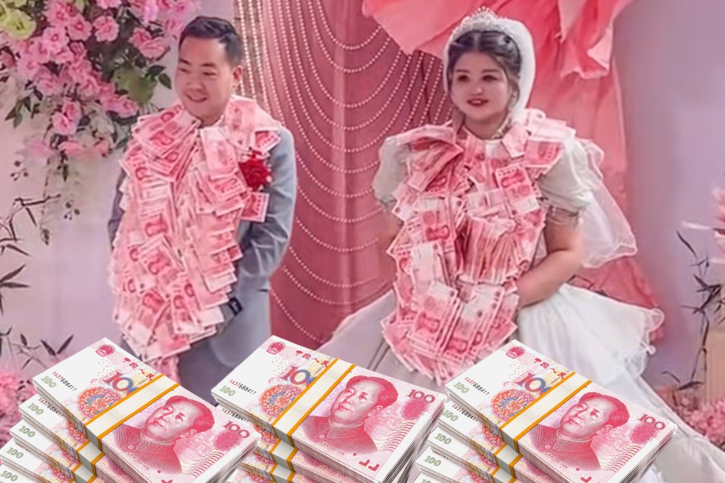 A groom in China has been showered with cash gifts by his sisters in a display of gender bias which shows that the desire to have a male child persists in the country. Photo: SCMP composite/Shutterstock/Douyin