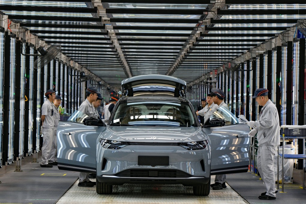 Employees work on the assembly line of new energy vehicles at a factory of Chinese EV startup Leapmotor on April 1 in Jinhua in China’s Zhejiang province. The Biden administration has announced an increase in tariffs on Chinese electric vehicle imports to 100 per cent. Photo: VCG/ Getty Images