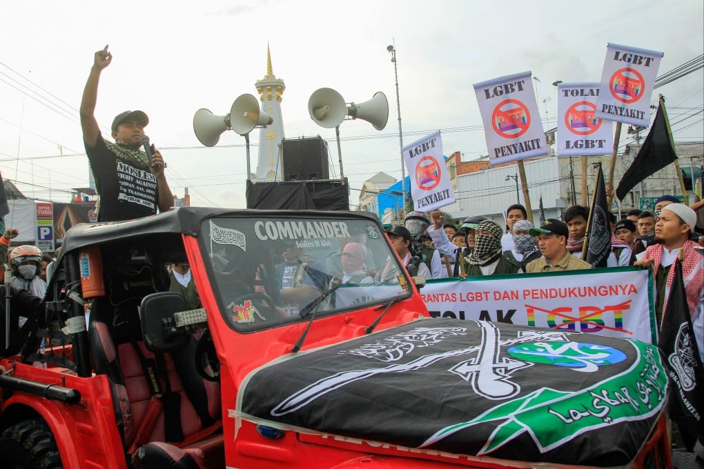 Yogyakarta Islamic organisations hold a protest in 2016 to reject the existence of LGBT. Homosexuality is a taboo subject in Indonesia, one of the world’s most populous Muslim-majority nations, where it is illegal in the sharia-ruled Aceh province. Photo: Shutterstock
