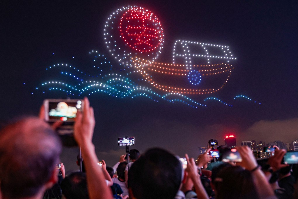A drone show organised by the Tourism Board lights up the sky earlier this month. Photo: Edmond So