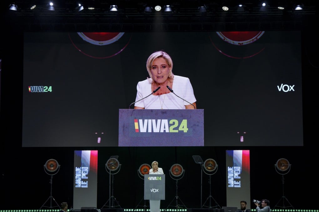 French far-right National Rally party leader Marine Le Pen gives a speech during the Spanish far-right wing party Vox’s rally in Madrid on Sunday. Photo: AP