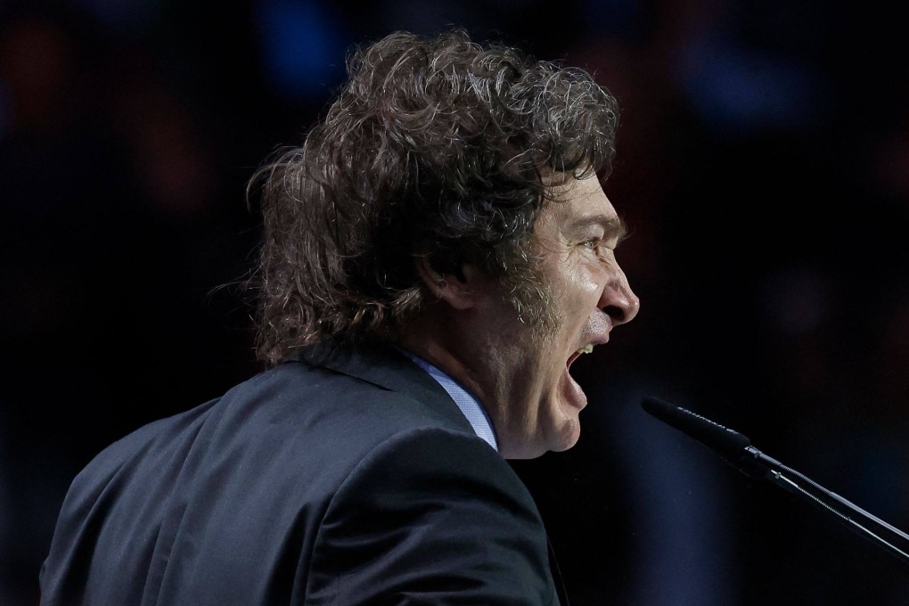 Argentina’s President Javier Milei delivering a speech in Madrid on Sunday. Photo: AFP